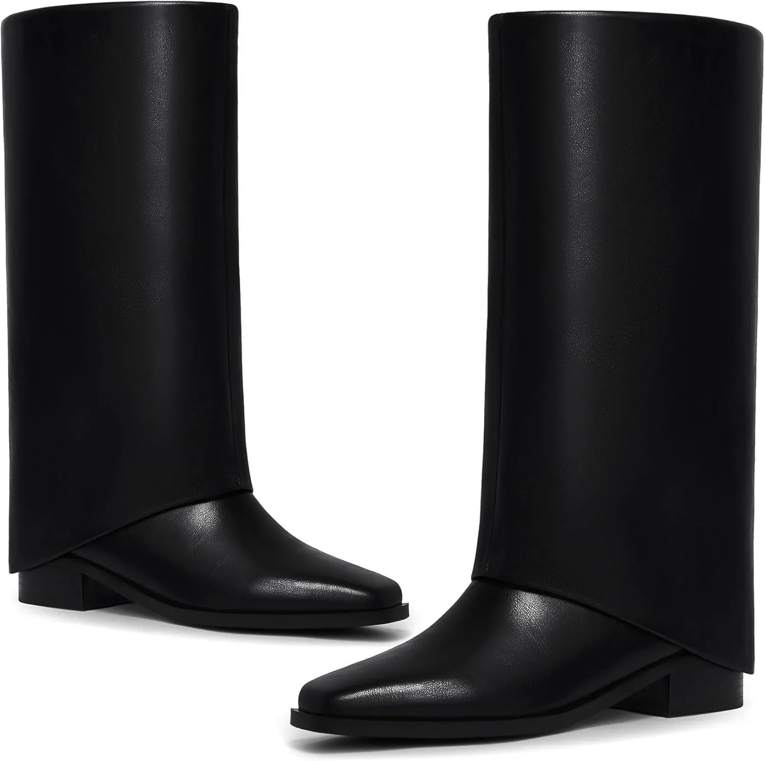 Modatope Mid Calf Boots for Women Fold Over Boots Square Toe Flat boots Slouch Riding Boots Slip On Shark Boots