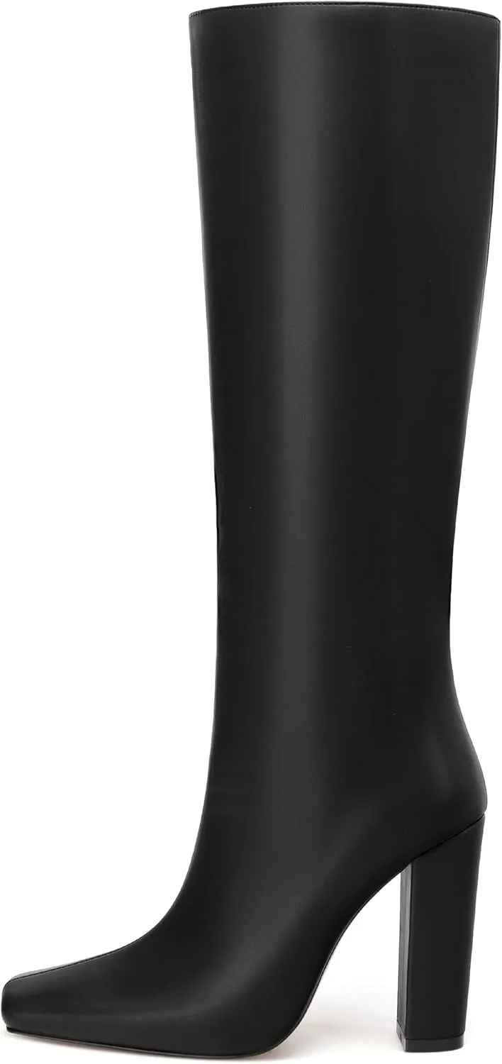 MODENCOCO Knee High Boots Women Chunky Block Heel Square Toe Dress Tall Boots for Women High Heel GoGo Long Boots Matte Fashion Sexy Casual Fall Winter