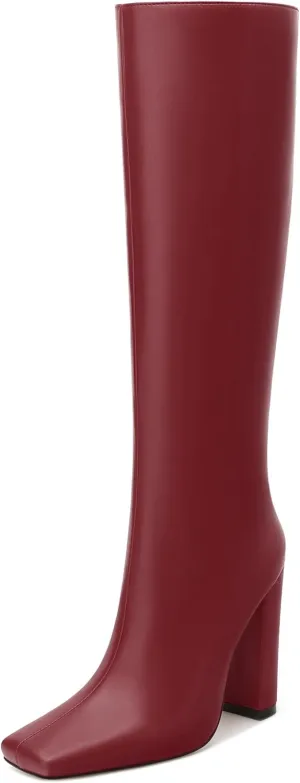 MODENCOCO Knee High Boots Women Chunky Block Heel Square Toe Dress Tall Boots for Women High Heel GoGo Long Boots Matte Fashion Sexy Casual Fall Winter