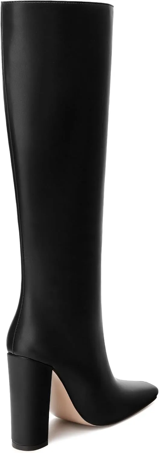 MODENCOCO Knee High Boots Women Chunky Block Heel Square Toe Dress Tall Boots for Women High Heel GoGo Long Boots Matte Fashion Sexy Casual Fall Winter