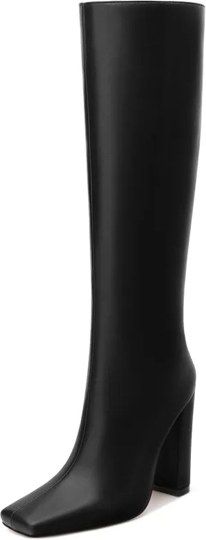 MODENCOCO Knee High Boots Women Chunky Block Heel Square Toe Dress Tall Boots for Women High Heel GoGo Long Boots Matte Fashion Sexy Casual Fall Winter