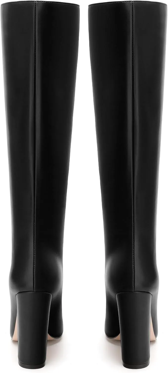 MODENCOCO Knee High Boots Women Chunky Block Heel Square Toe Dress Tall Boots for Women High Heel GoGo Long Boots Matte Fashion Sexy Casual Fall Winter