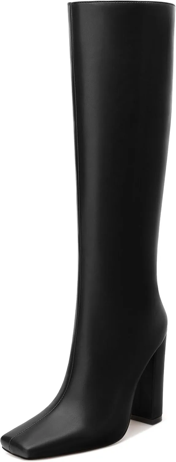 MODENCOCO Knee High Boots Women Chunky Block Heel Square Toe Dress Tall Boots for Women High Heel GoGo Long Boots Matte Fashion Sexy Casual Fall Winter
