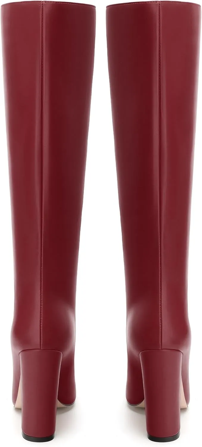 MODENCOCO Knee High Boots Women Chunky Block Heel Square Toe Dress Tall Boots for Women High Heel GoGo Long Boots Matte Fashion Sexy Casual Fall Winter