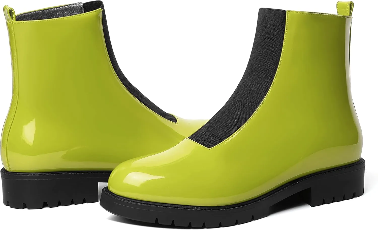 MODENCOCO Womens Fashion Patent Comfortable Elastic Round Toe Platform Chunky Low Heel Ankle High Chelsea Boots 1 Inch