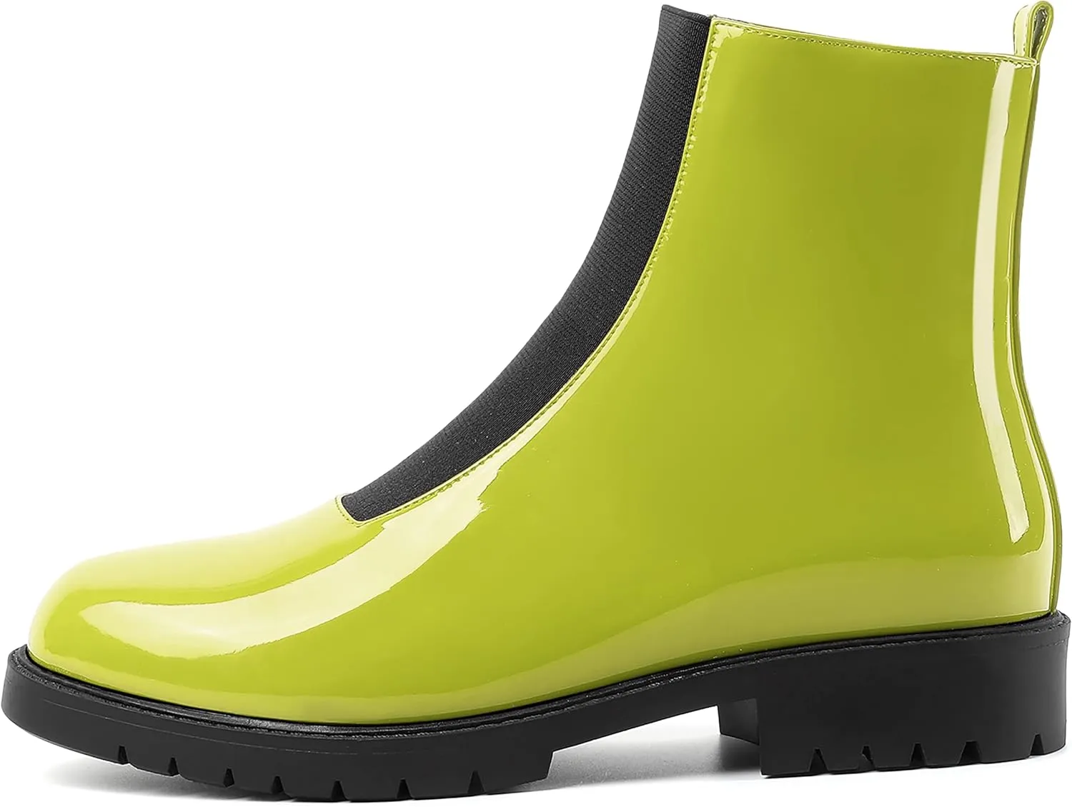 MODENCOCO Womens Fashion Patent Comfortable Elastic Round Toe Platform Chunky Low Heel Ankle High Chelsea Boots 1 Inch