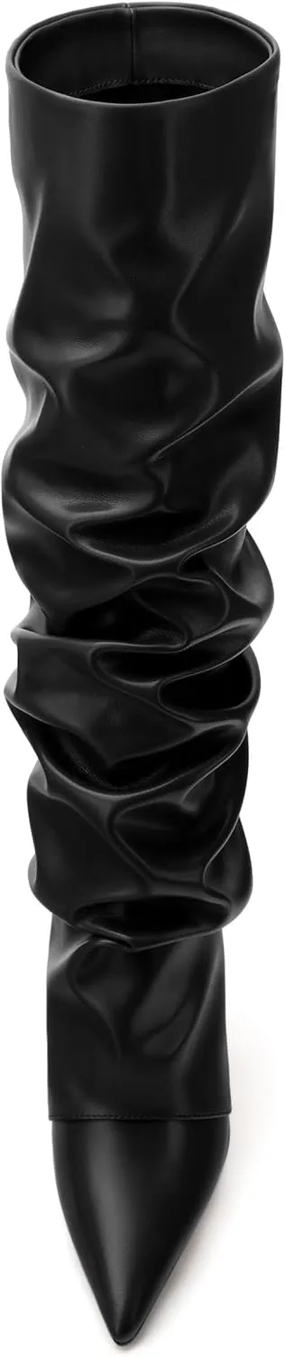 MODENCOCO Women's Fold Over Knee High Boots Wedge Heel Pointed Toe Boots High Heels Wide Calf Ruched Slouchy Pleated Dress Boots Tall Boots for Women