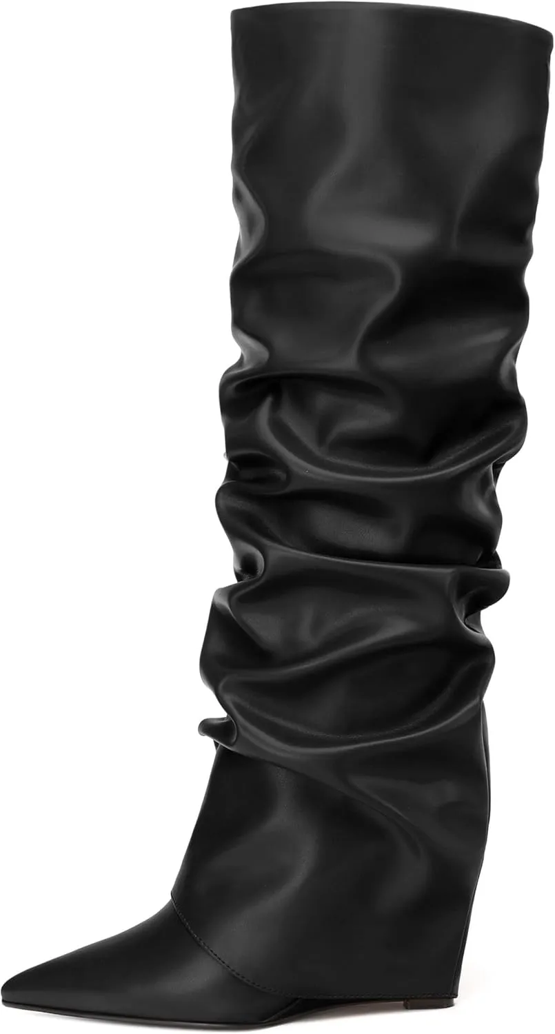 MODENCOCO Women's Fold Over Knee High Boots Wedge Heel Pointed Toe Boots High Heels Wide Calf Ruched Slouchy Pleated Dress Boots Tall Boots for Women