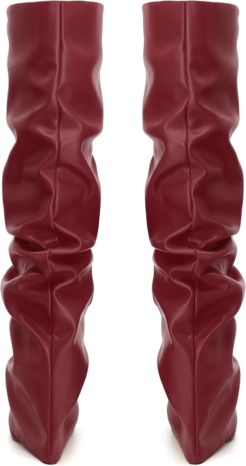 MODENCOCO Women's Fold Over Knee High Boots Wedge Heel Pointed Toe Boots High Heels Wide Calf Ruched Slouchy Pleated Dress Boots Tall Boots for Women