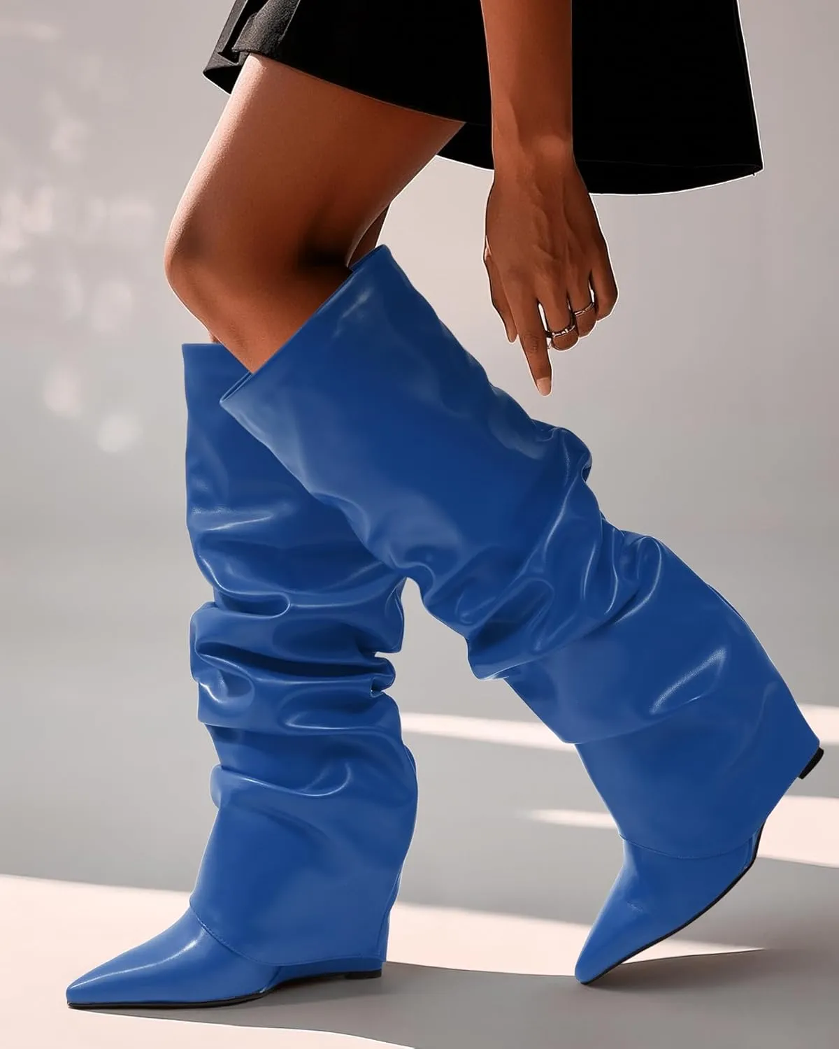 MODENCOCO Women's Fold Over Knee High Boots Wedge Heel Pointed Toe Boots High Heels Wide Calf Ruched Slouchy Pleated Dress Boots Tall Boots for Women