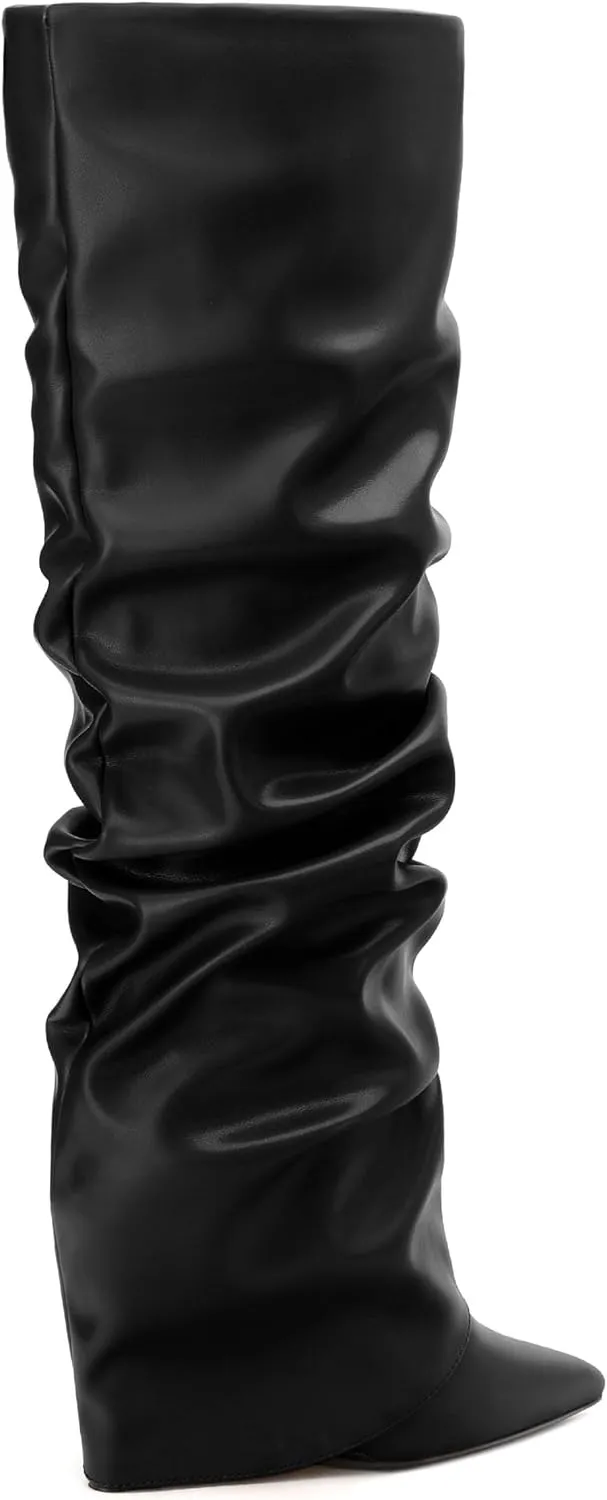 MODENCOCO Women's Fold Over Knee High Boots Wedge Heel Pointed Toe Boots High Heels Wide Calf Ruched Slouchy Pleated Dress Boots Tall Boots for Women