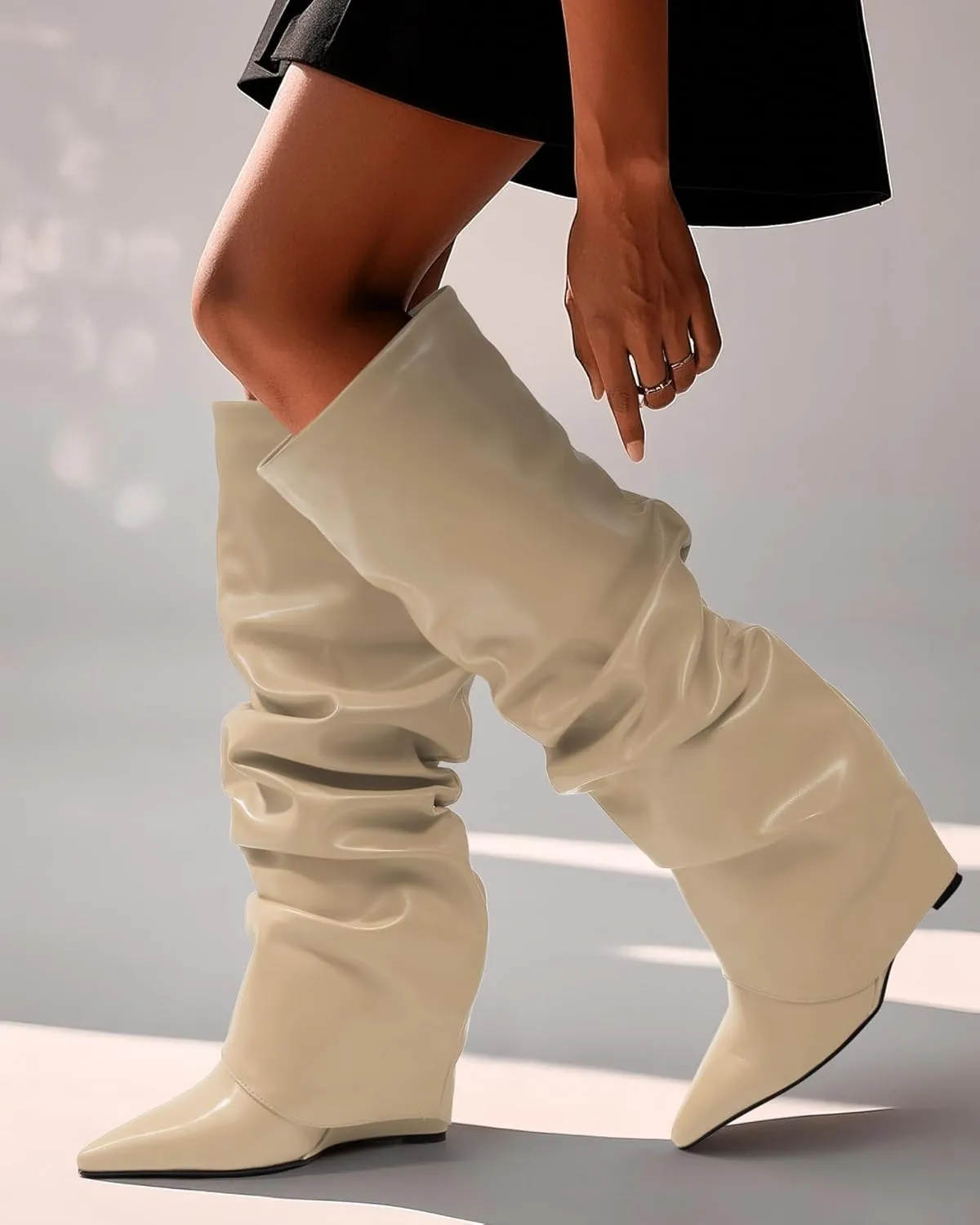 MODENCOCO Women's Fold Over Knee High Boots Wedge Heel Pointed Toe Boots High Heels Wide Calf Ruched Slouchy Pleated Dress Boots Tall Boots for Women