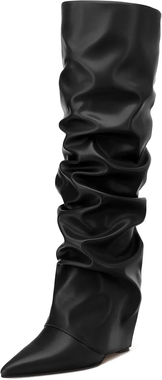 MODENCOCO Women's Fold Over Knee High Boots Wedge Heel Pointed Toe Boots High Heels Wide Calf Ruched Slouchy Pleated Dress Boots Tall Boots for Women