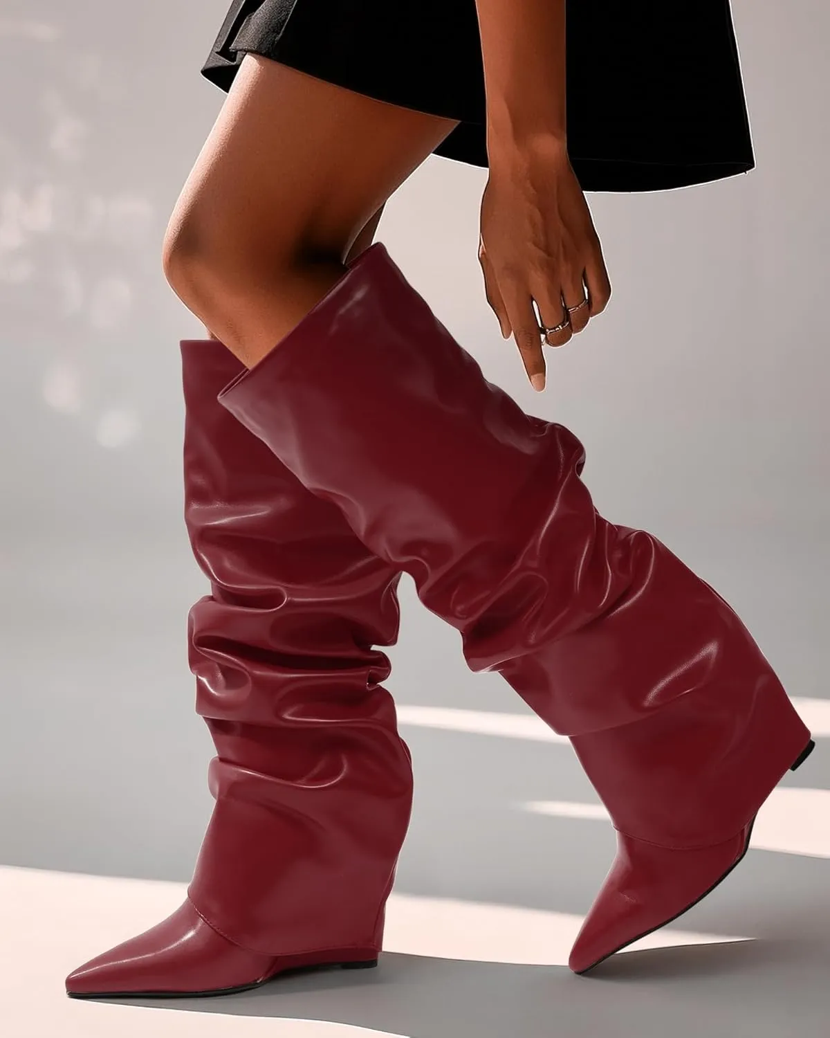 MODENCOCO Women's Fold Over Knee High Boots Wedge Heel Pointed Toe Boots High Heels Wide Calf Ruched Slouchy Pleated Dress Boots Tall Boots for Women