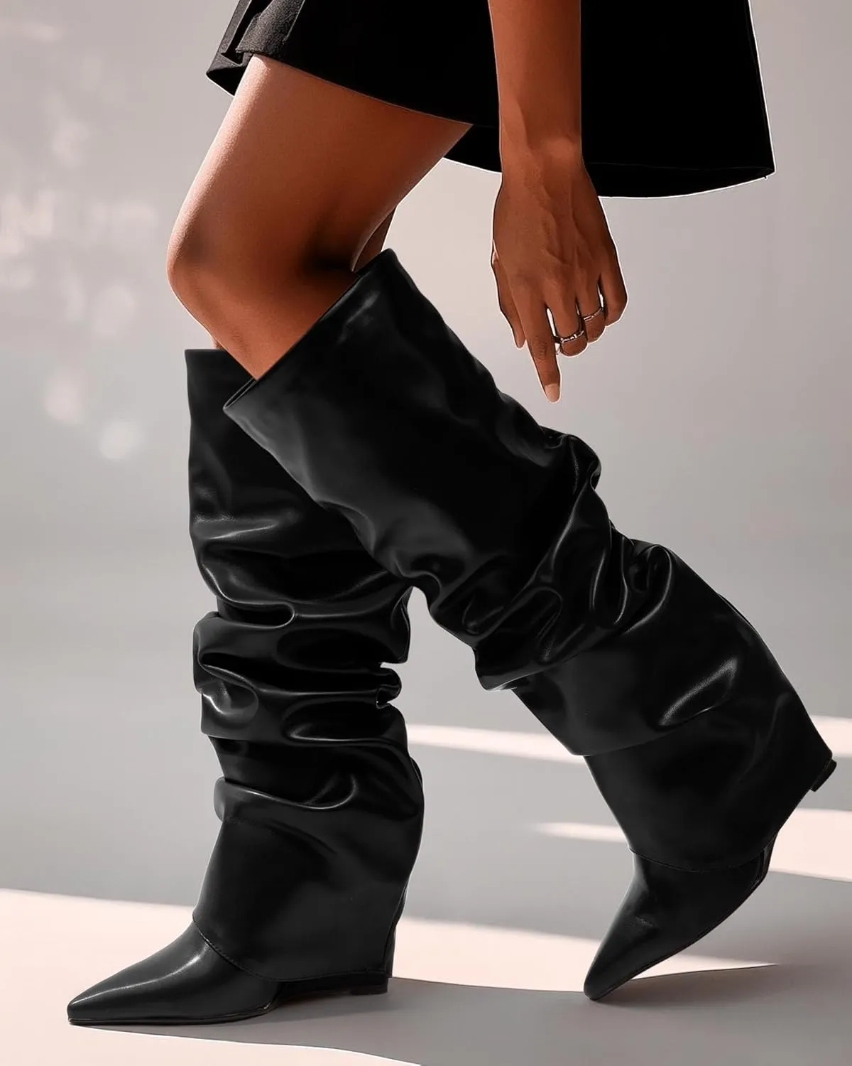 MODENCOCO Women's Fold Over Knee High Boots Wedge Heel Pointed Toe Boots High Heels Wide Calf Ruched Slouchy Pleated Dress Boots Tall Boots for Women