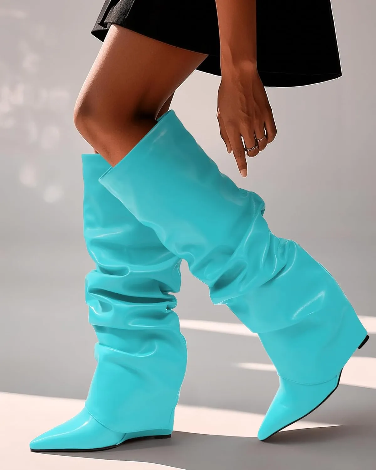 MODENCOCO Women's Fold Over Knee High Boots Wedge Heel Pointed Toe Boots High Heels Wide Calf Ruched Slouchy Pleated Dress Boots Tall Boots for Women