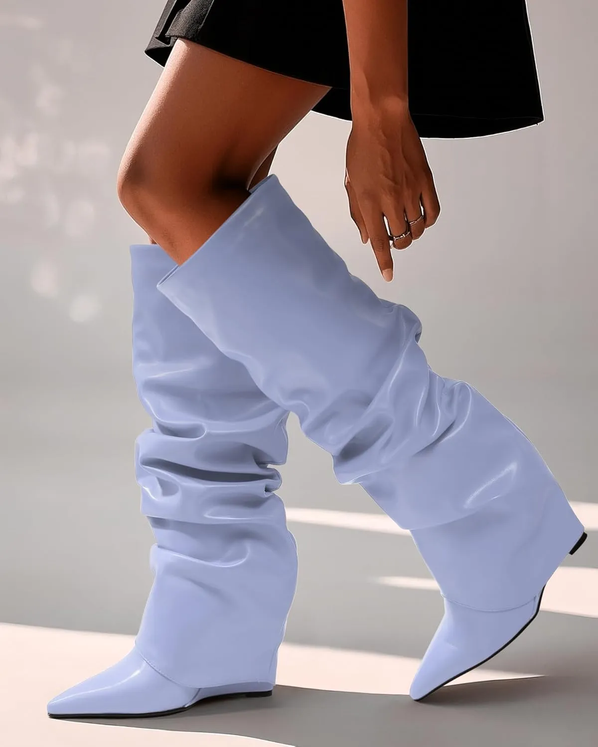 MODENCOCO Women's Fold Over Knee High Boots Wedge Heel Pointed Toe Boots High Heels Wide Calf Ruched Slouchy Pleated Dress Boots Tall Boots for Women