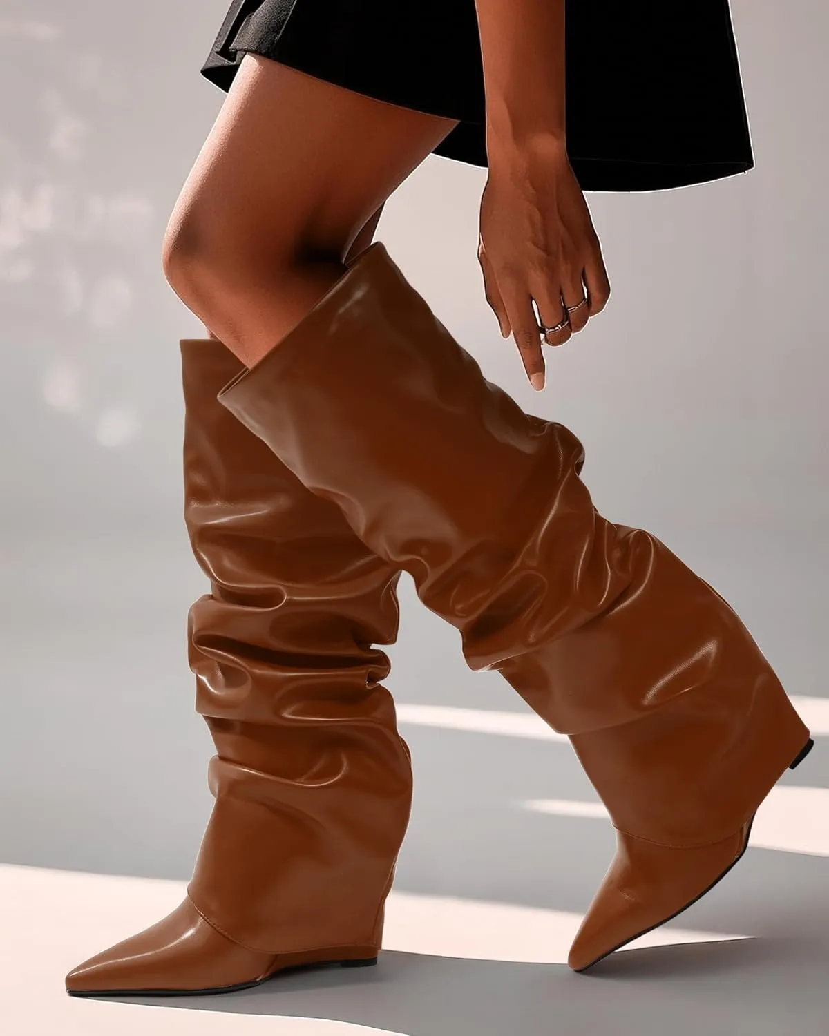 MODENCOCO Women's Fold Over Knee High Boots Wedge Heel Pointed Toe Boots High Heels Wide Calf Ruched Slouchy Pleated Dress Boots Tall Boots for Women