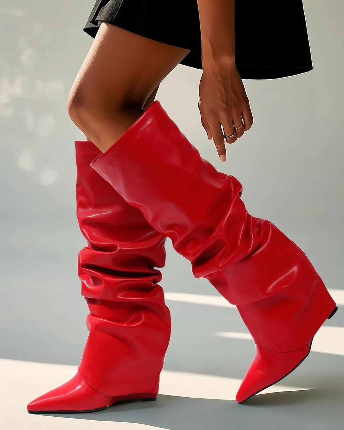 MODENCOCO Women's Fold Over Knee High Boots Wedge Heel Pointed Toe Boots High Heels Wide Calf Ruched Slouchy Pleated Dress Boots Tall Boots for Women