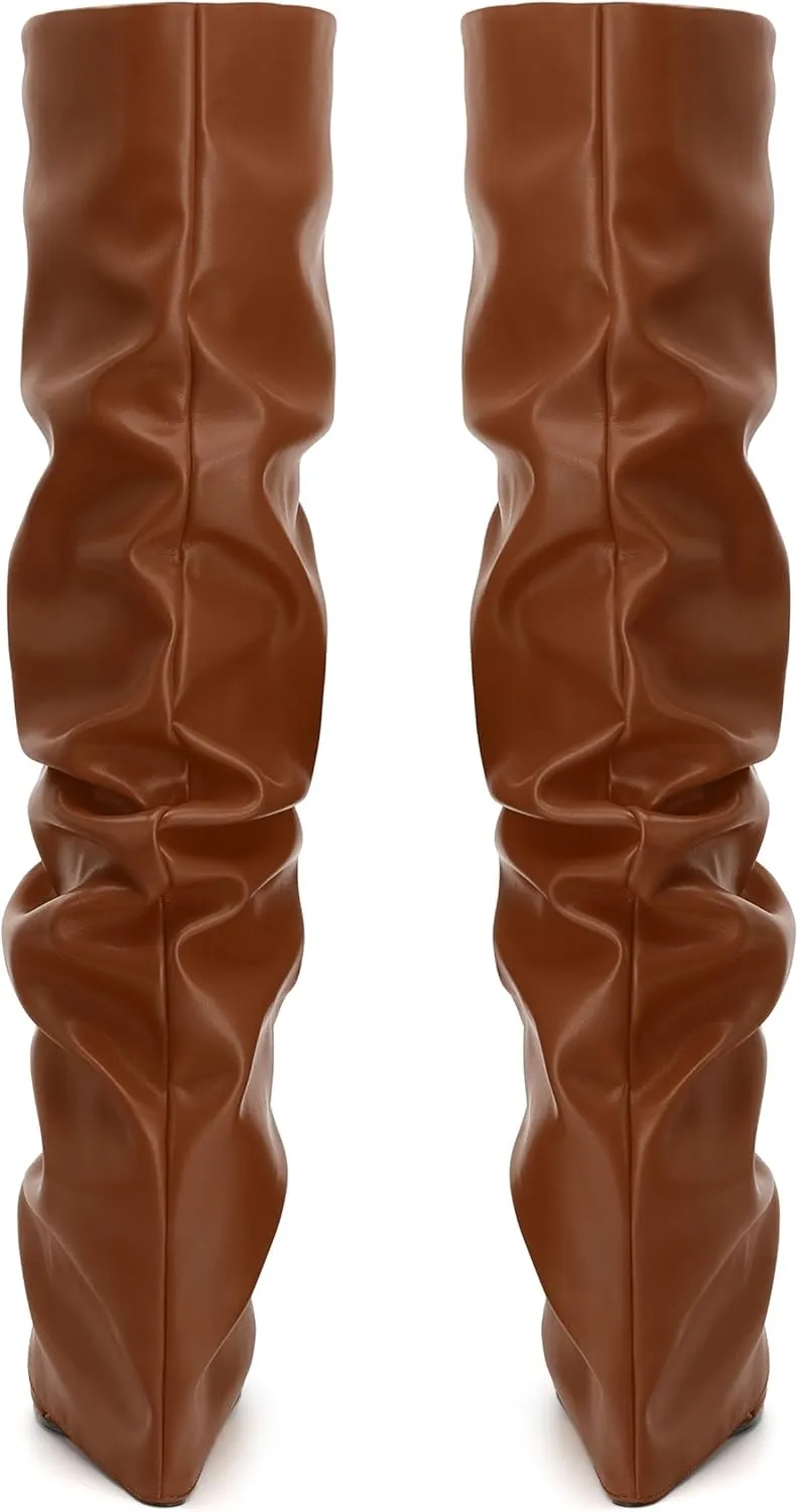 MODENCOCO Women's Fold Over Knee High Boots Wedge Heel Pointed Toe Boots High Heels Wide Calf Ruched Slouchy Pleated Dress Boots Tall Boots for Women