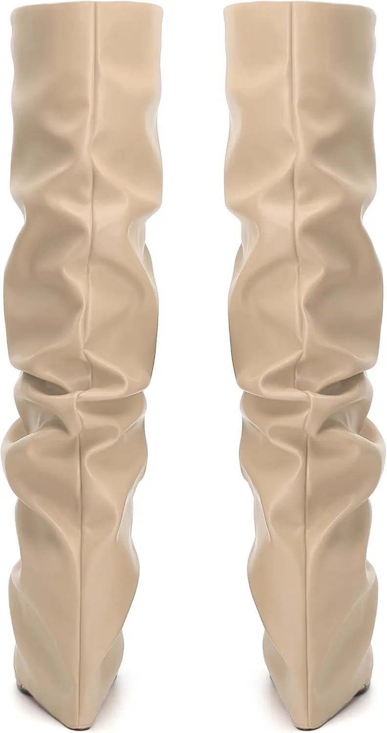 MODENCOCO Women's Fold Over Knee High Boots Wedge Heel Pointed Toe Boots High Heels Wide Calf Ruched Slouchy Pleated Dress Boots Tall Boots for Women