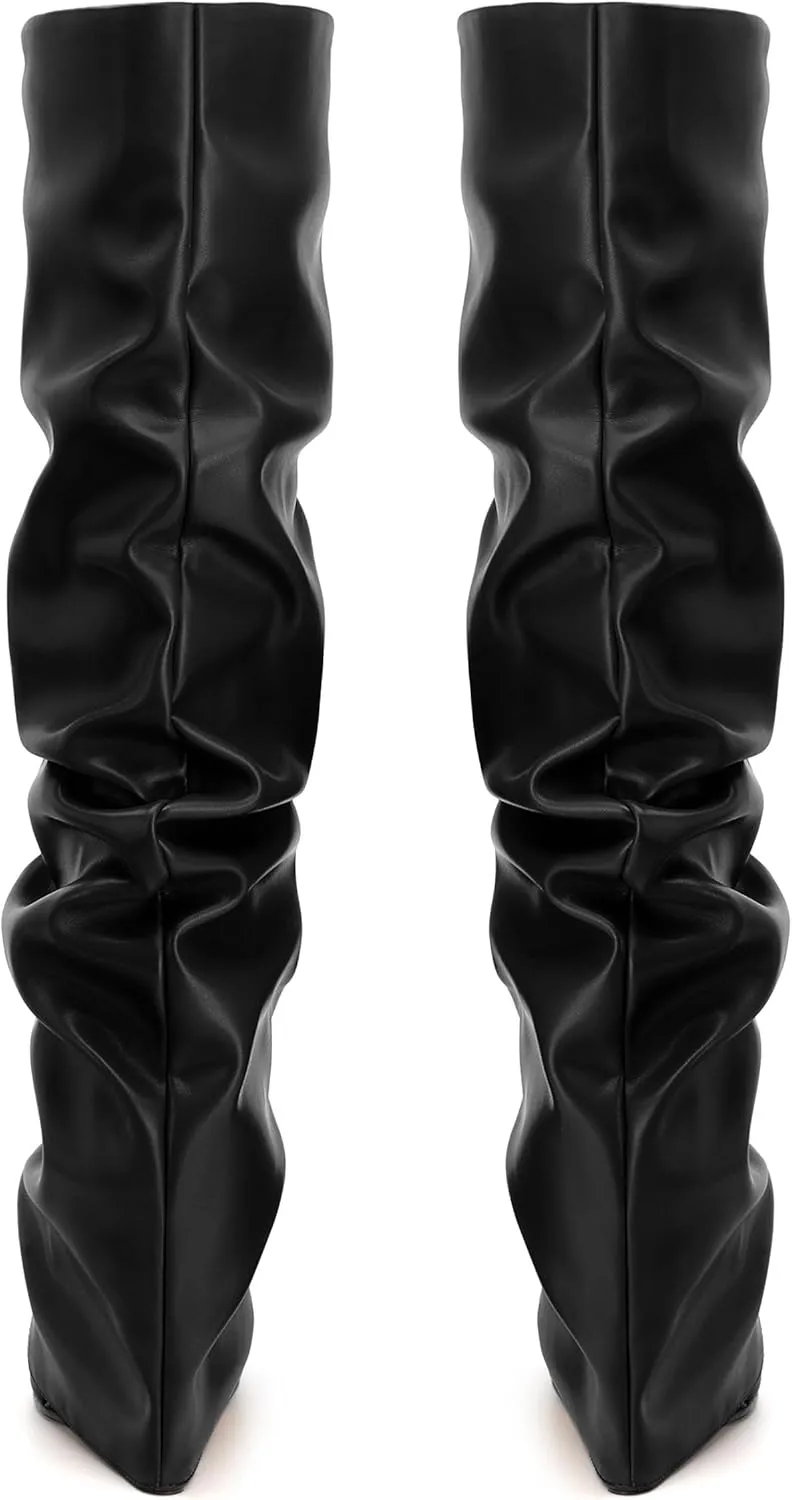 MODENCOCO Women's Fold Over Knee High Boots Wedge Heel Pointed Toe Boots High Heels Wide Calf Ruched Slouchy Pleated Dress Boots Tall Boots for Women