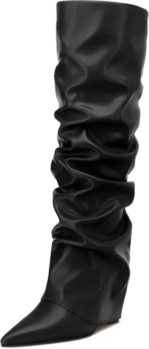 MODENCOCO Women's Fold Over Knee High Boots Wedge Heel Pointed Toe Boots High Heels Wide Calf Ruched Slouchy Pleated Dress Boots Tall Boots for Women