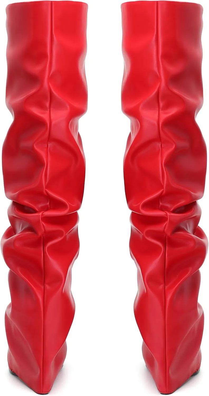 MODENCOCO Women's Fold Over Knee High Boots Wedge Heel Pointed Toe Boots High Heels Wide Calf Ruched Slouchy Pleated Dress Boots Tall Boots for Women
