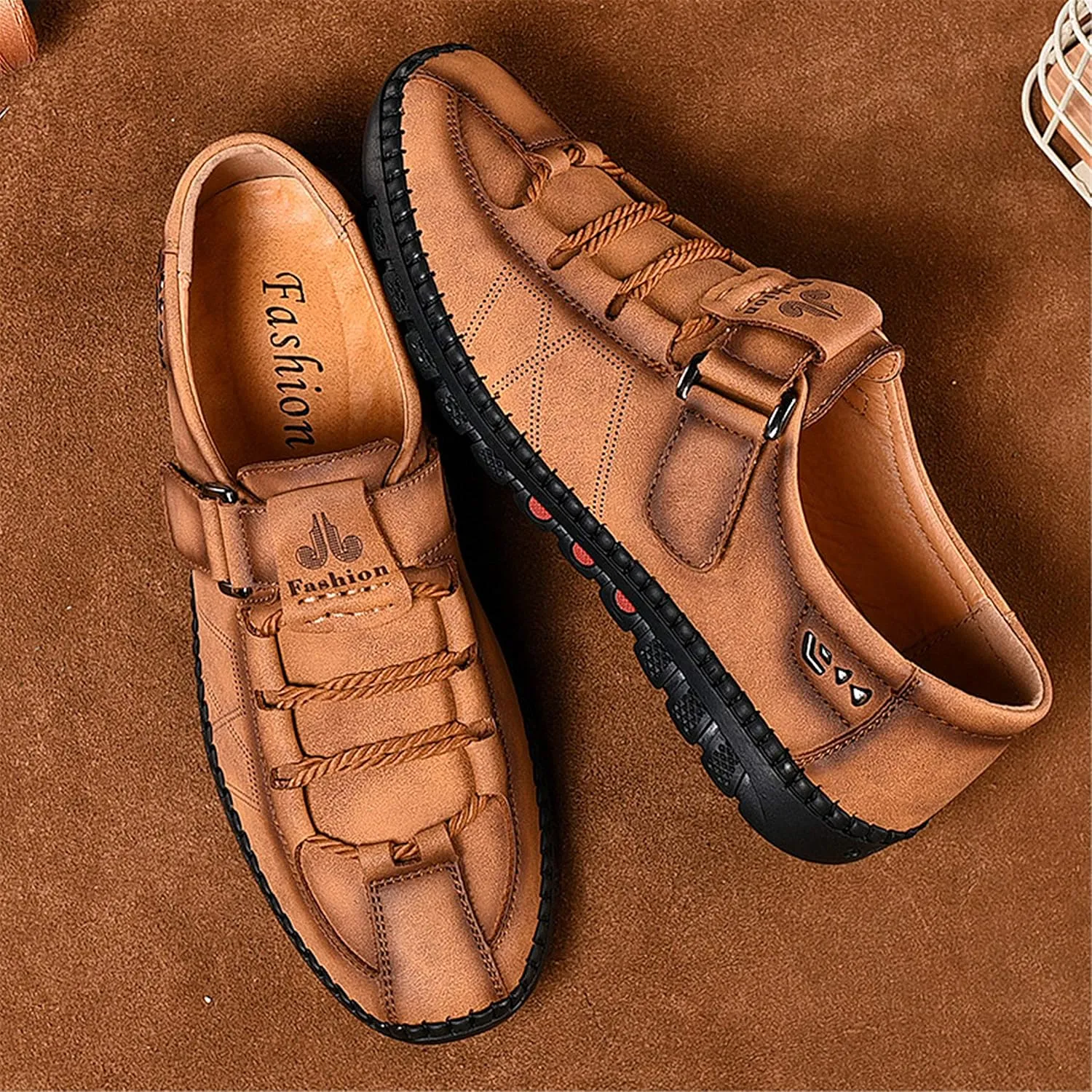 Moodeng Men`s Casual Leather Loafer Summer Outdoor Sandals Comfortable Boat Shoes Slip-on Driving Loafers