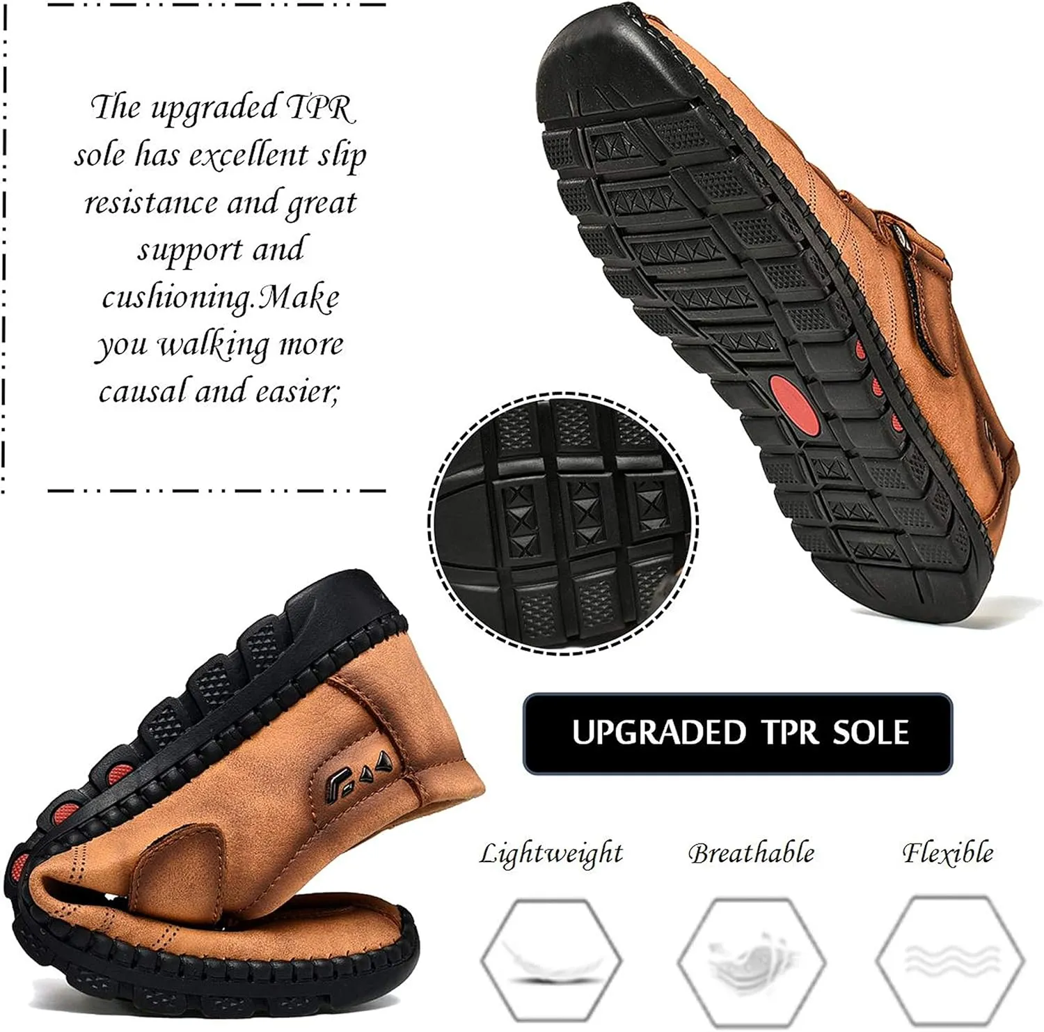 Moodeng Men`s Casual Leather Loafer Summer Outdoor Sandals Comfortable Boat Shoes Slip-on Driving Loafers