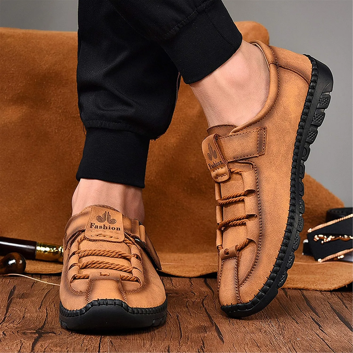 Moodeng Men`s Casual Leather Loafer Summer Outdoor Sandals Comfortable Boat Shoes Slip-on Driving Loafers