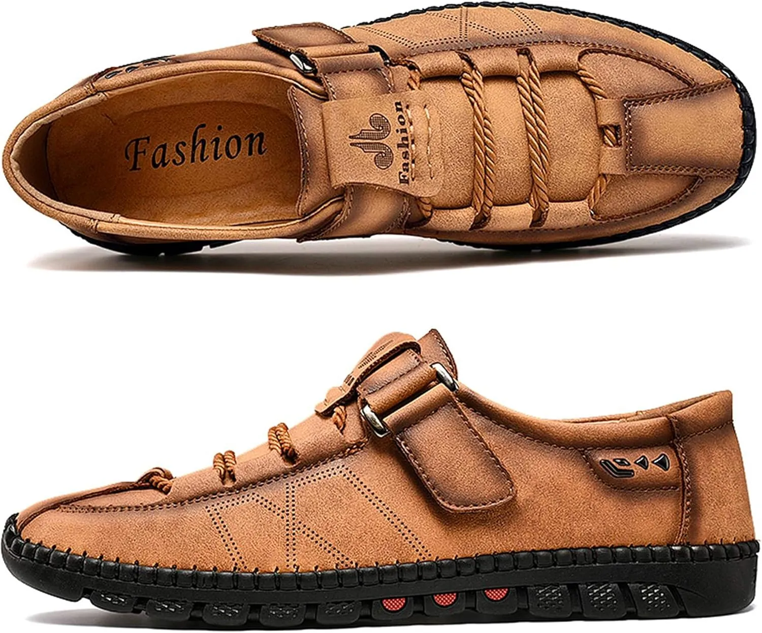 Moodeng Men`s Casual Leather Loafer Summer Outdoor Sandals Comfortable Boat Shoes Slip-on Driving Loafers