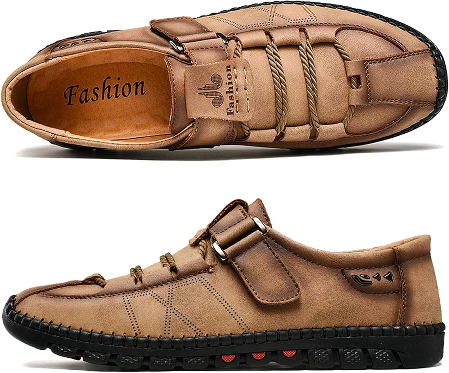 Moodeng Men`s Casual Leather Loafer Summer Outdoor Sandals Comfortable Boat Shoes Slip-on Driving Loafers