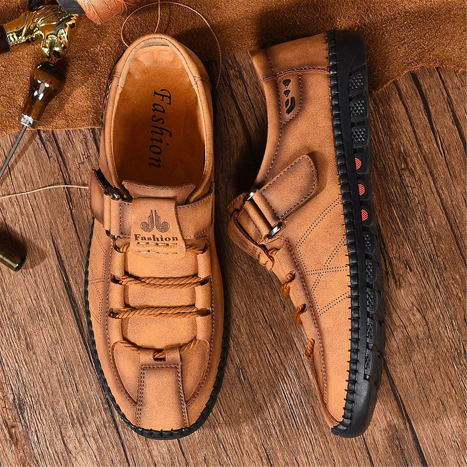 Moodeng Men`s Casual Leather Loafer Summer Outdoor Sandals Comfortable Boat Shoes Slip-on Driving Loafers