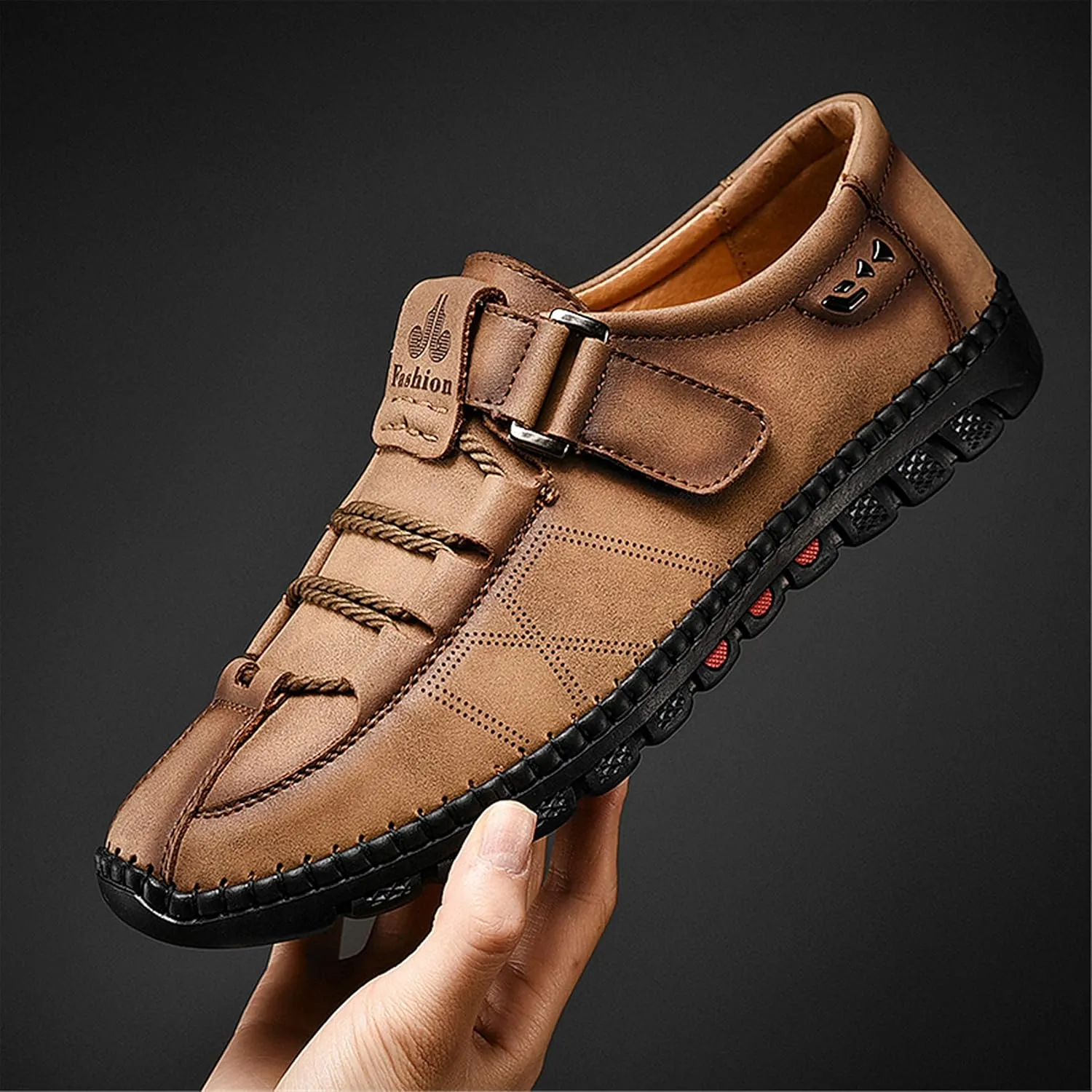 Moodeng Men`s Casual Leather Loafer Summer Outdoor Sandals Comfortable Boat Shoes Slip-on Driving Loafers