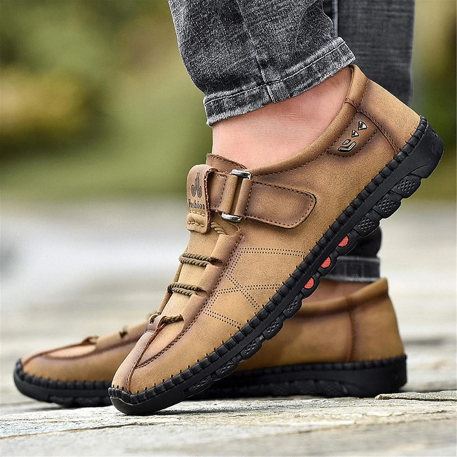 Moodeng Men`s Casual Leather Loafer Summer Outdoor Sandals Comfortable Boat Shoes Slip-on Driving Loafers