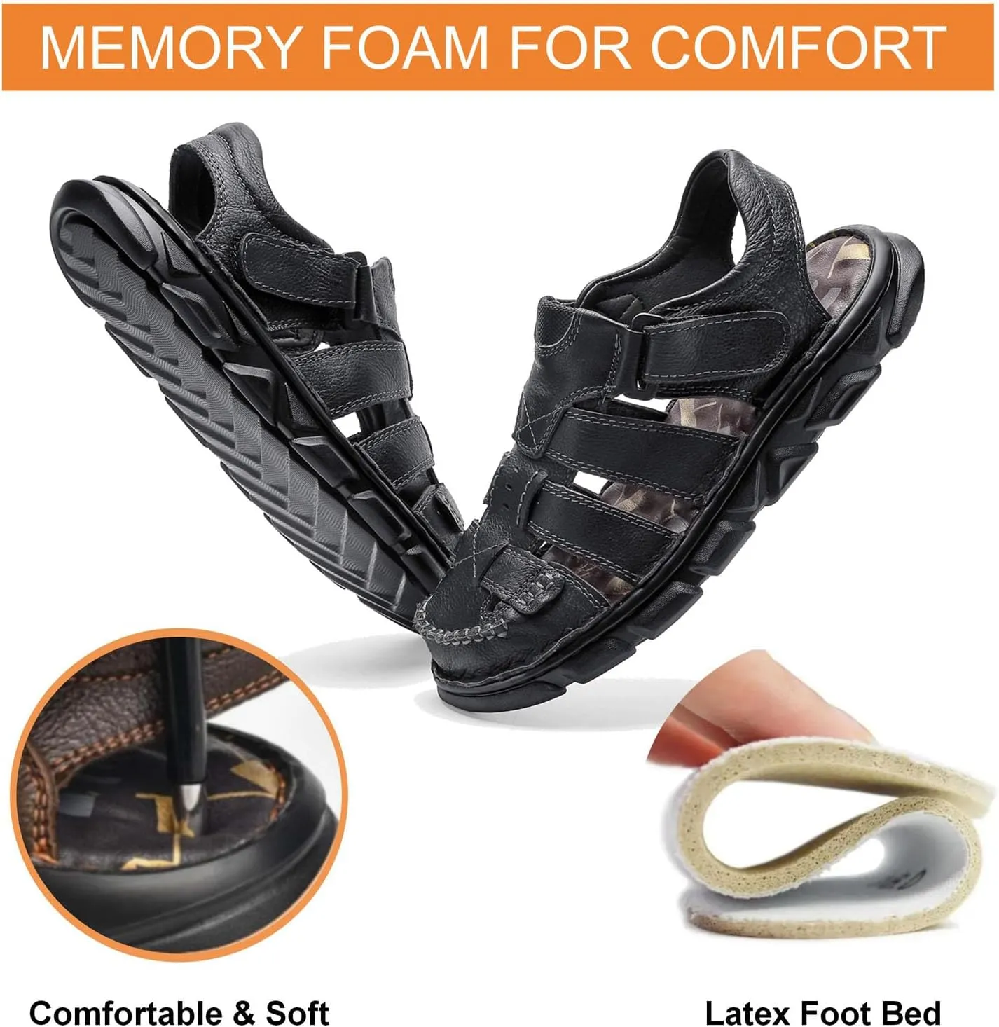 Moodeng Men's Leather Sandals Outdoor Sport Sandals Athletic Hiking Sandals Hand Sewing Comfortable Walking