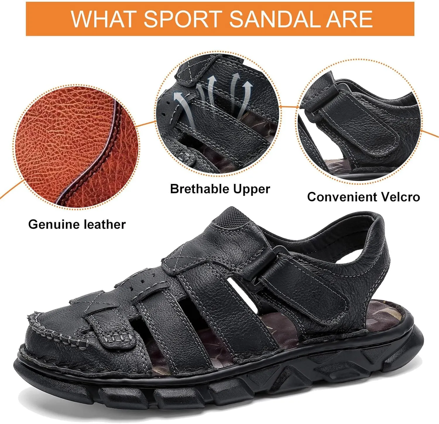Moodeng Men's Leather Sandals Outdoor Sport Sandals Athletic Hiking Sandals Hand Sewing Comfortable Walking