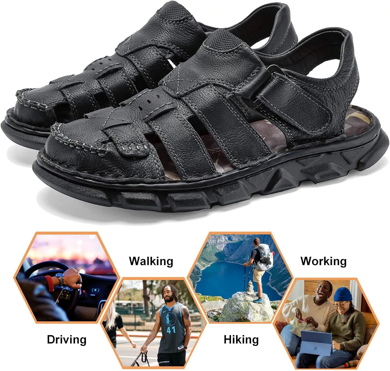 Moodeng Men's Leather Sandals Outdoor Sport Sandals Athletic Hiking Sandals Hand Sewing Comfortable Walking