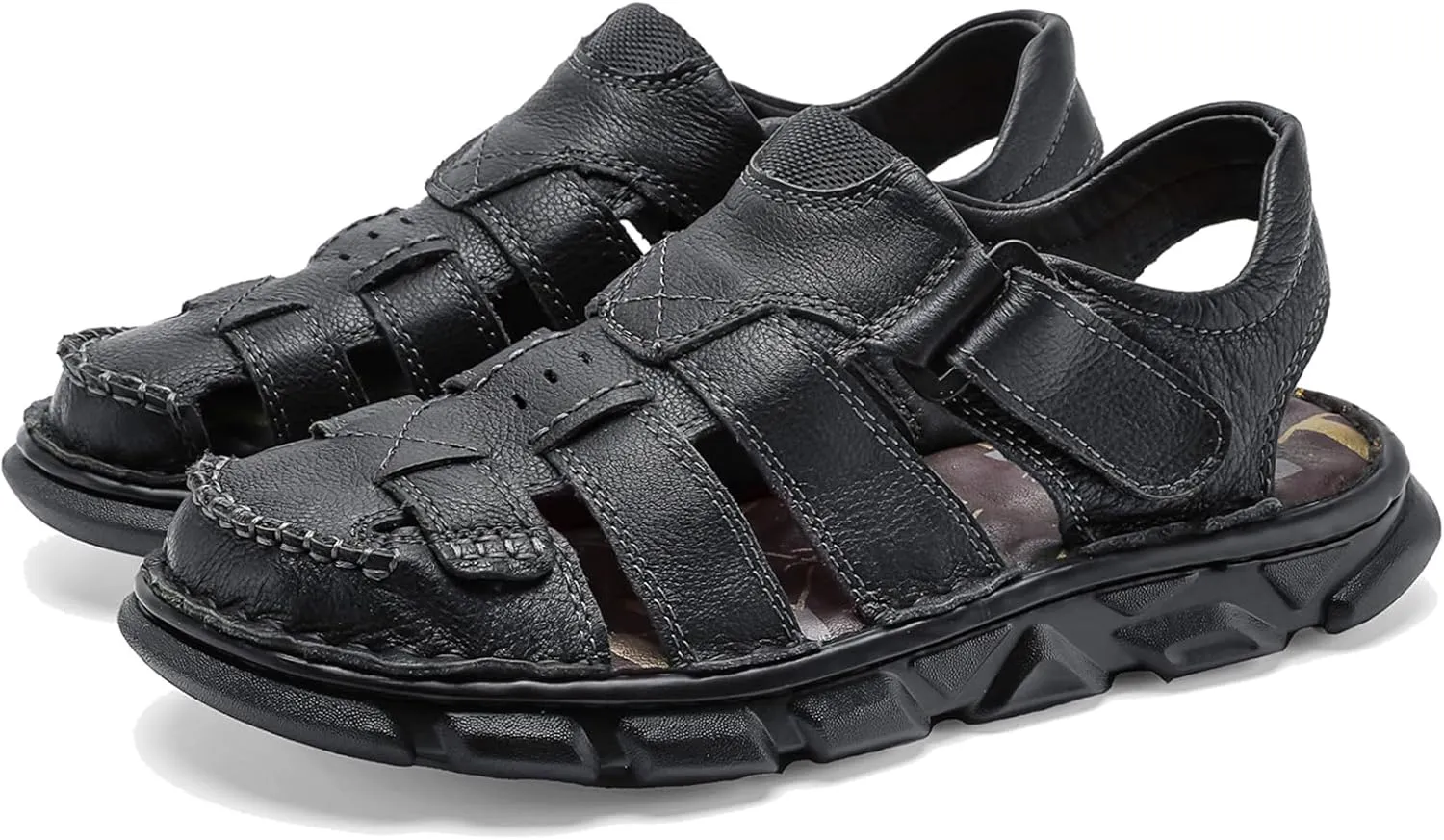 Moodeng Men's Leather Sandals Outdoor Sport Sandals Athletic Hiking Sandals Hand Sewing Comfortable Walking