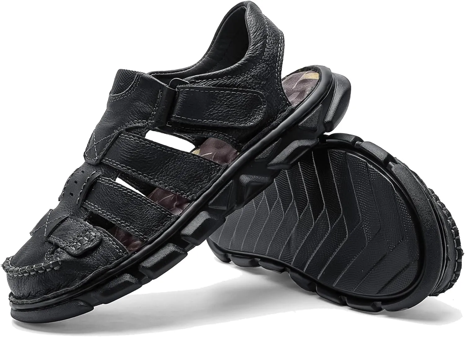 Moodeng Men's Leather Sandals Outdoor Sport Sandals Athletic Hiking Sandals Hand Sewing Comfortable Walking