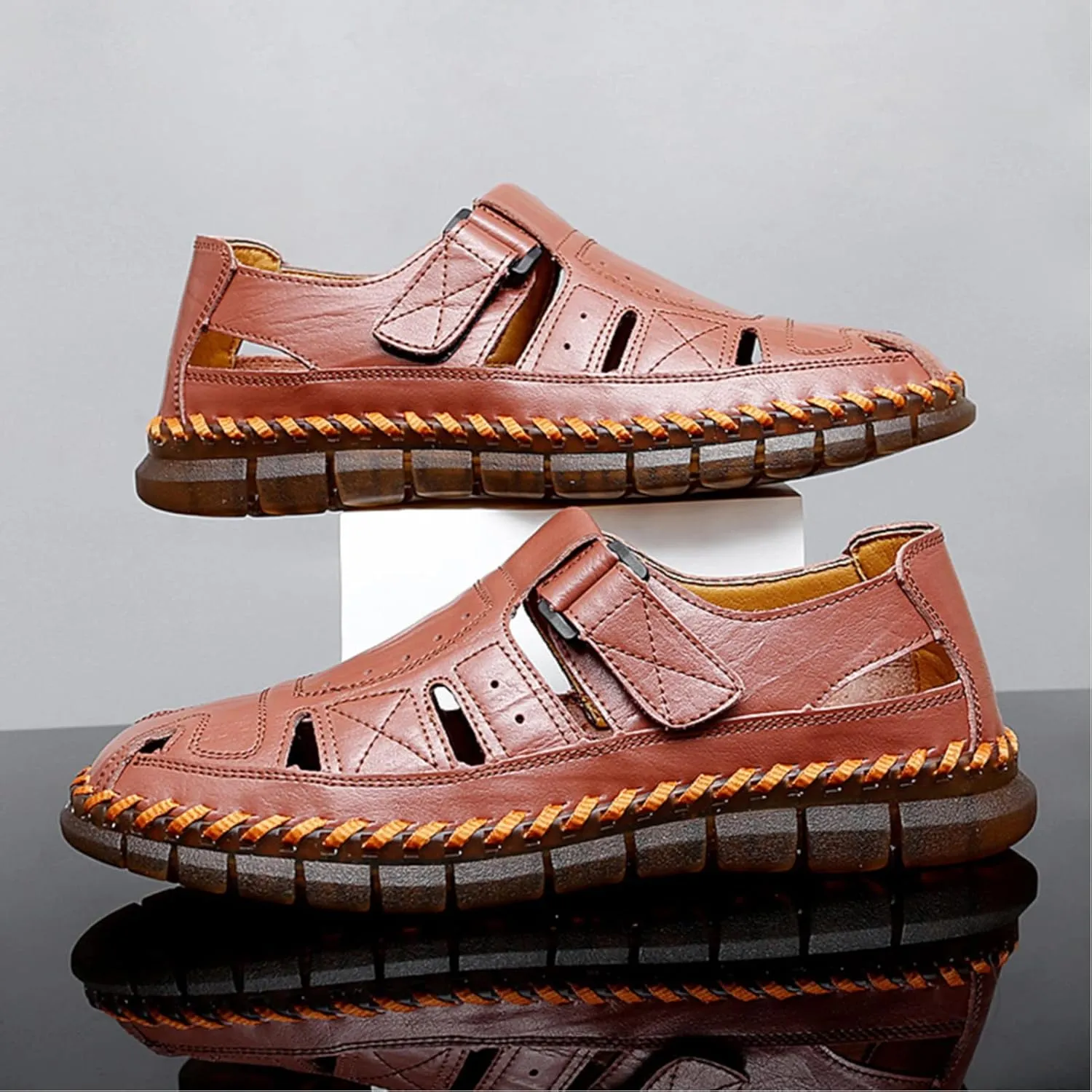 Moodeng Men's Sport Sandals Summer Leather Sandals Slip-on Causal Shoes Outdoor Loafers Closed Toe Fisherman Sandal