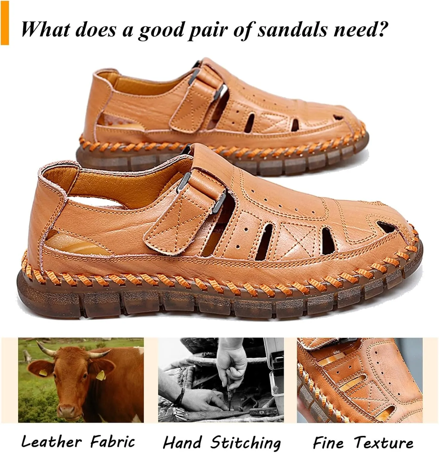 Moodeng Men's Sport Sandals Summer Leather Sandals Slip-on Causal Shoes Outdoor Loafers Closed Toe Fisherman Sandal