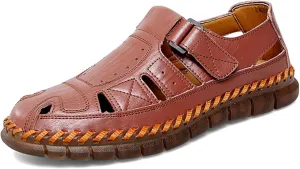 Moodeng Men's Sport Sandals Summer Leather Sandals Slip-on Causal Shoes Outdoor Loafers Closed Toe Fisherman Sandal
