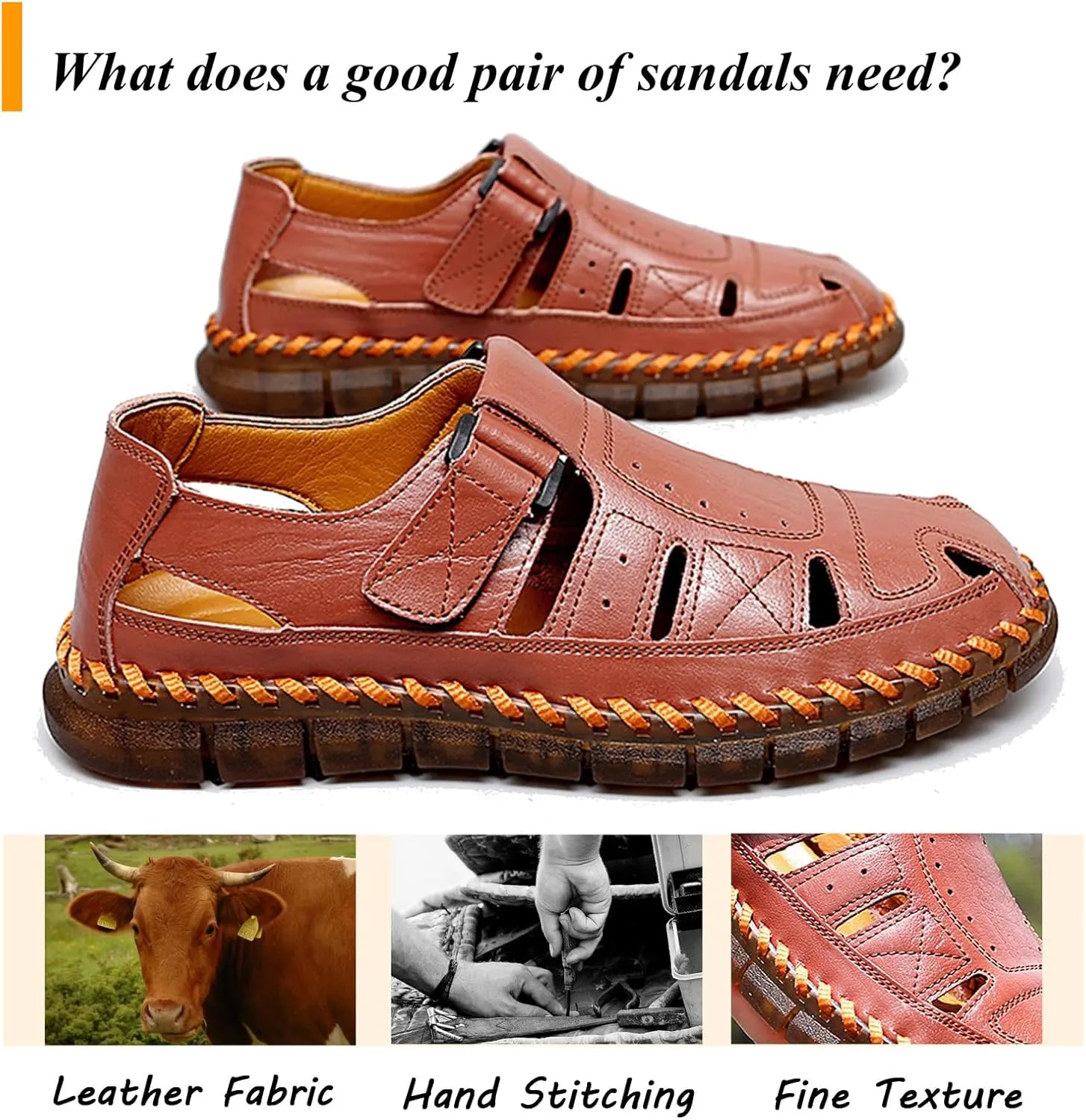 Moodeng Men's Sport Sandals Summer Leather Sandals Slip-on Causal Shoes Outdoor Loafers Closed Toe Fisherman Sandal