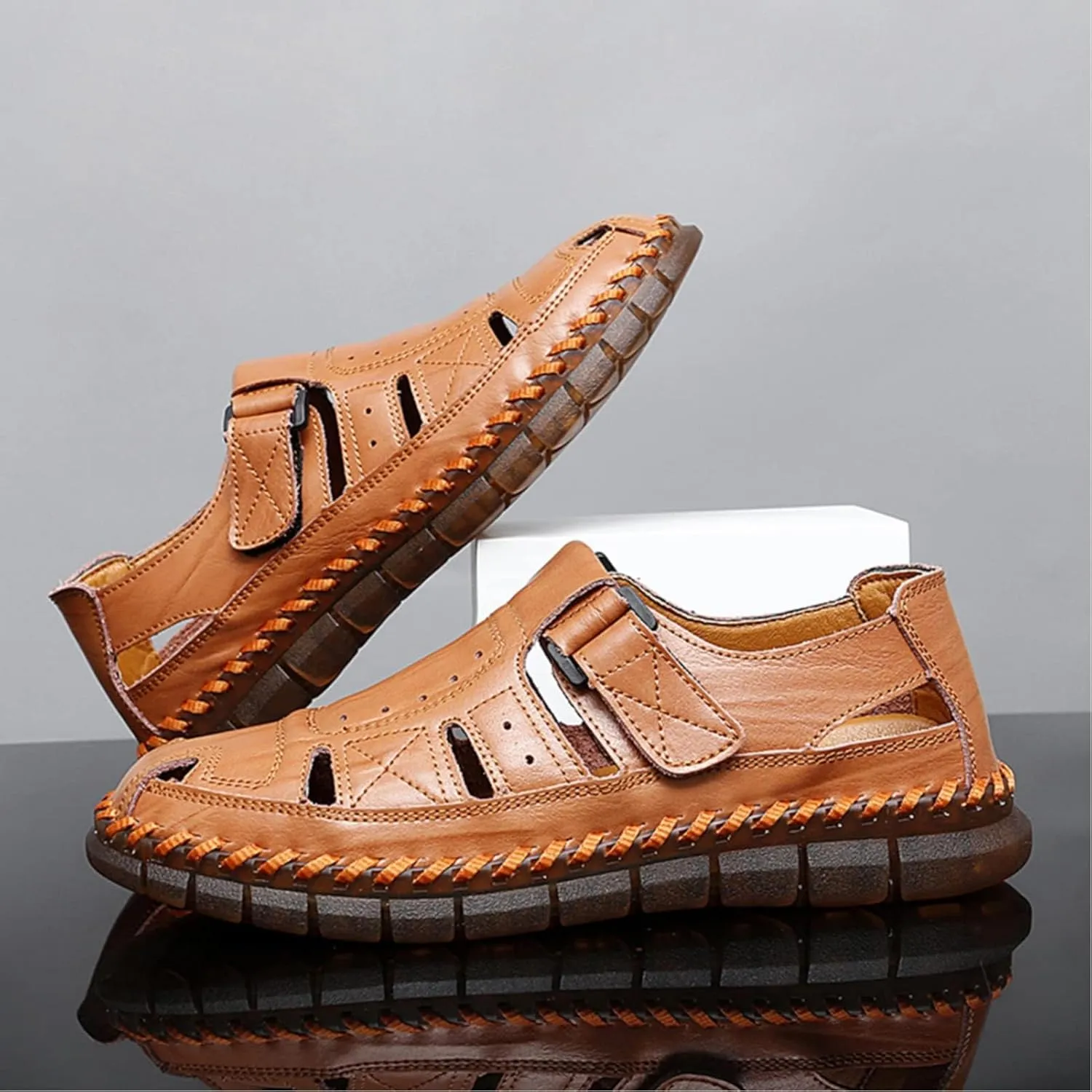 Moodeng Men's Sport Sandals Summer Leather Sandals Slip-on Causal Shoes Outdoor Loafers Closed Toe Fisherman Sandal