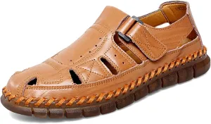 Moodeng Men's Sport Sandals Summer Leather Sandals Slip-on Causal Shoes Outdoor Loafers Closed Toe Fisherman Sandal