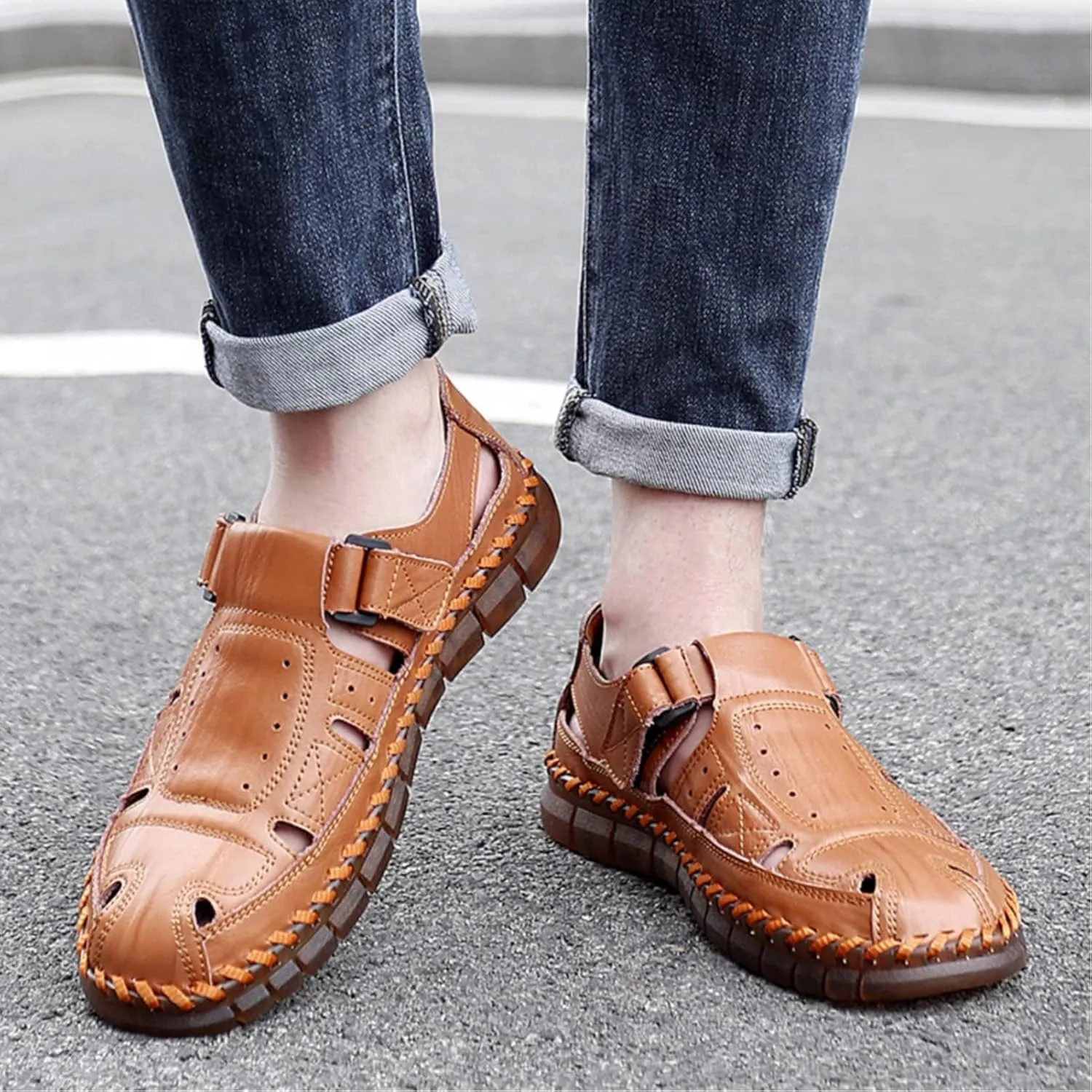 Moodeng Men's Sport Sandals Summer Leather Sandals Slip-on Causal Shoes Outdoor Loafers Closed Toe Fisherman Sandal