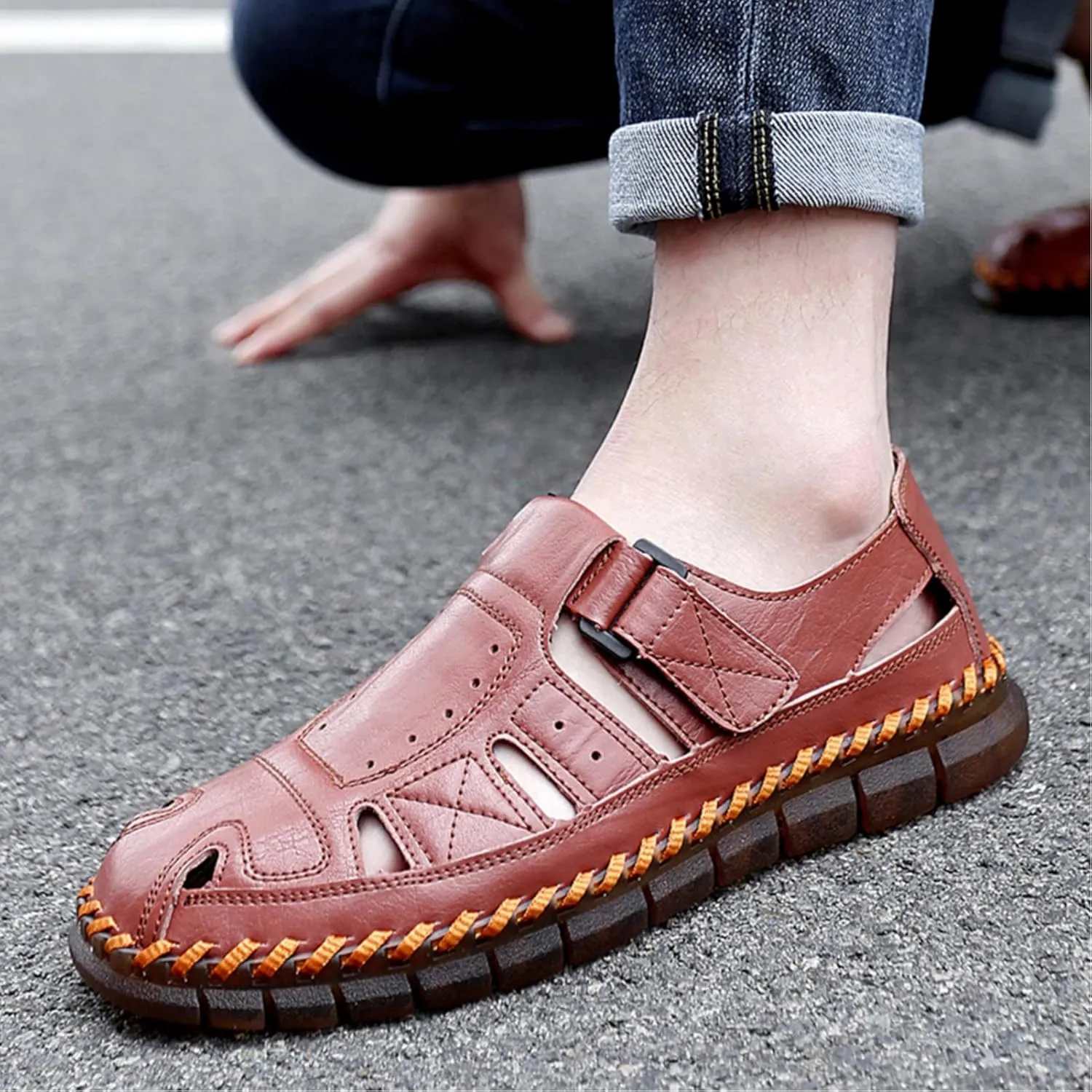 Moodeng Men's Sport Sandals Summer Leather Sandals Slip-on Causal Shoes Outdoor Loafers Closed Toe Fisherman Sandal