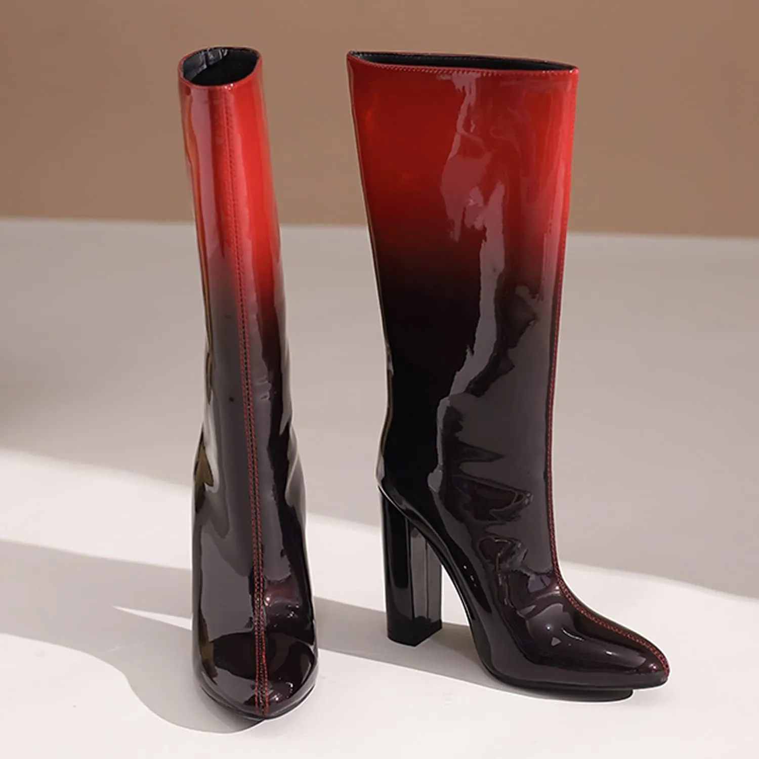 MOOMMO Mid Calf Chunky Heel Boots for Women Chic Round Toe Gradient Calf High Heel Boots Sexy Pull On leather 4” Block Heel Dress Boots Trendy Party Club Prom Winter Warm 4-11 M US